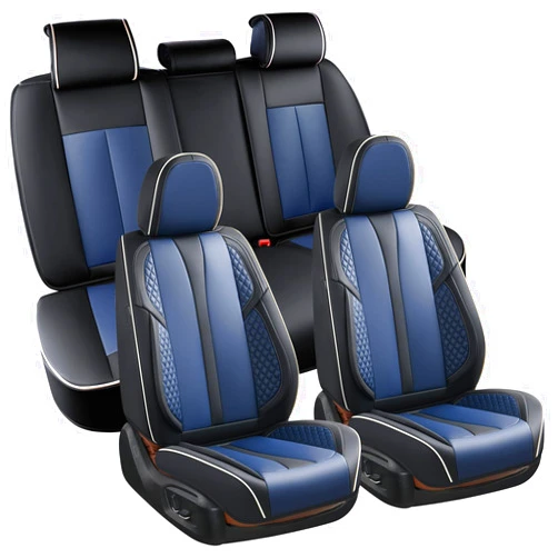 KEYOOG 5-Seater Car Seat Covers Full Set Waterproof and Breathable Nappa Leather, Fit for Front and Rear Seats of Cars, Compatible with Airbags, Scratch Resistant and Wear-Resistant - Blue Black