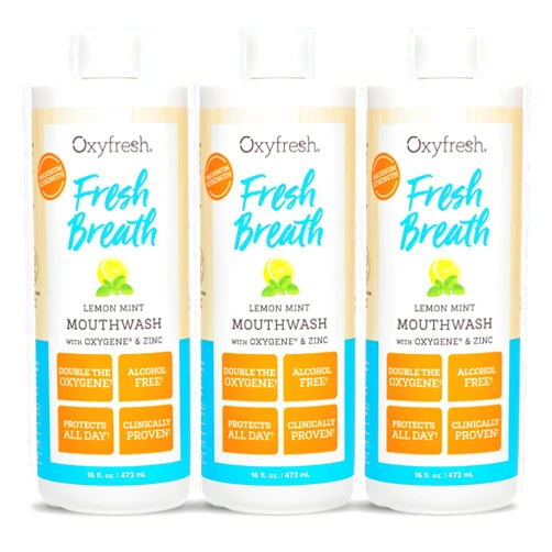 Oxyfresh Lemon Mint Fresh Breath Mouthwash – Bad Breath Treatment – SLS & Fluoride Free – Alcohol Free, Gentle Nonburning with Xylitol & Essential Oils – 16 Fl Oz (Pack of 3)