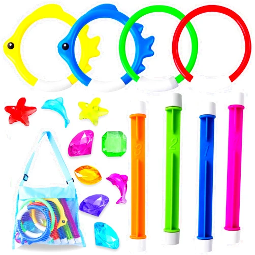 YUJUN 18PCS Pool Diving Swimming Toys, Summer Underwater Game Toys with Pool Fishes Dive Sticks Rings Gems Storage Bag for Kids Swim Birthday Party Favors