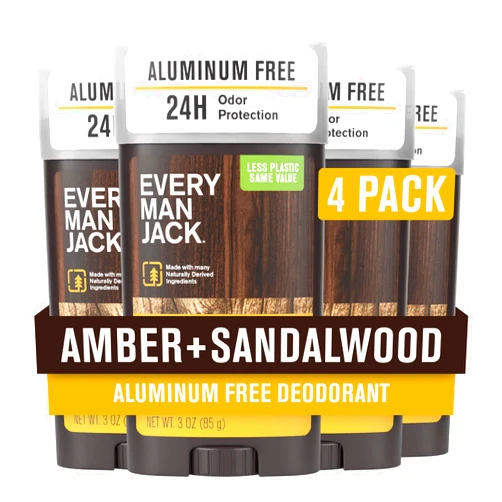 Every Man Jack Amber + Sandalwood Men’s Deodorant - Stay Fresh with Aluminum Free Deodorant For all Skin Types - Odor Crushing, Long Lasting, with Naturally Derived Ingredients - 3oz (4 Pack)