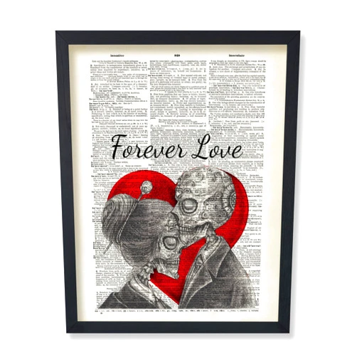 Poster Master Dictionary Art Poster - Forever Love Print - Skeleton Couple Art - Red Heart Art - Romantic Gift for Men, Women, Lovers - Gothic Decor for Living Room, Bedroom - 8x10 UNFRAMED Wall Art