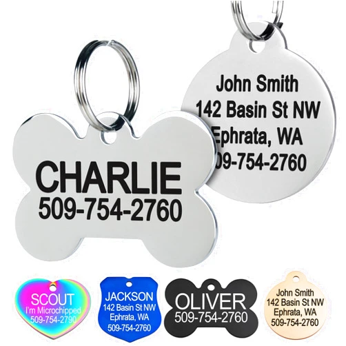 GoTags Stainless Steel Pet ID Tags, Personalized Dog Tags and Cat Tags, up to 8 Lines of Custom Text, Engraved on Both Sides, in Bone, Round, Heart, Bowtie and More (Dog Bone, Small (Pack of 1))
