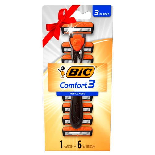 BIC Comfort 3 Refillable Three-Blade Disposable Razor for Men, Sensitive Skin Razor For a Comfortable Shave, 1 Handle and 6 Cartridges, 7 Piece Razor Set