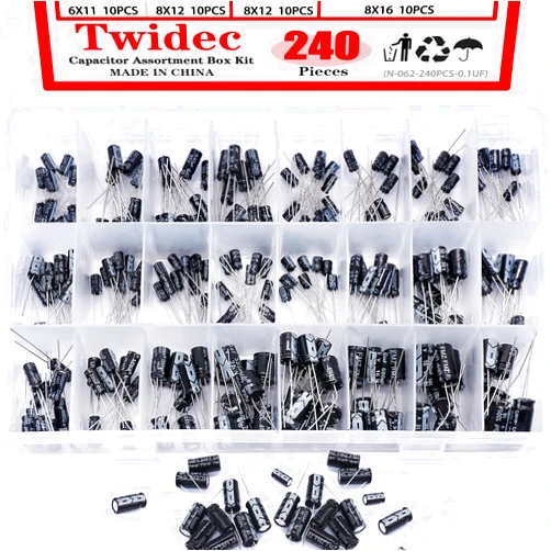 Twidec/650Pcs Aluminum Electrolytic Capacitor Assortment Box Kit 24Value 0.1uF－1000uF Different Range