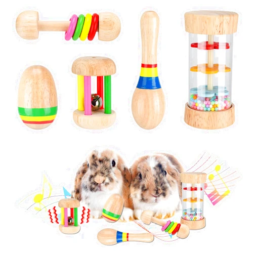 MEWTOGO 5 Pcs Wooden Bunny Toys - Safe Rabbit Toys, Multi-Colored Bite-Resistant Guinea Pigs Toys for Chinchillas Hamsters Small Animals Playing Indoor Outdoor