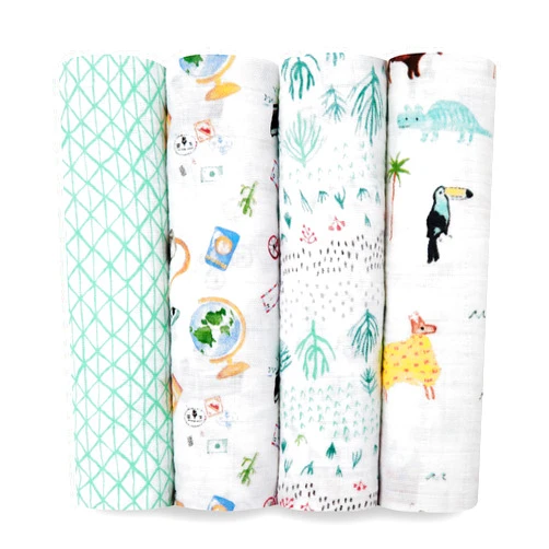 aden + anais Swaddle Blanket, Boutique Muslin Blankets for Girls & Boys, Baby Receiving Swaddles, Ideal Newborn & Infant Swaddling Set, Perfect Shower Gifts, 4 Pack, Around The World