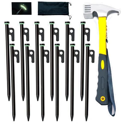 Tialero 8/12/16Pack Tent Stake with Hammer, 8/10/12/16in Heavy Duty Tent Stakes + 10in Tent Stakes Hammer+Storage Pouch, Forged Steel Tent Stakes Used on Rocks (12 Pack 10in Tent Stakes+Hammer)