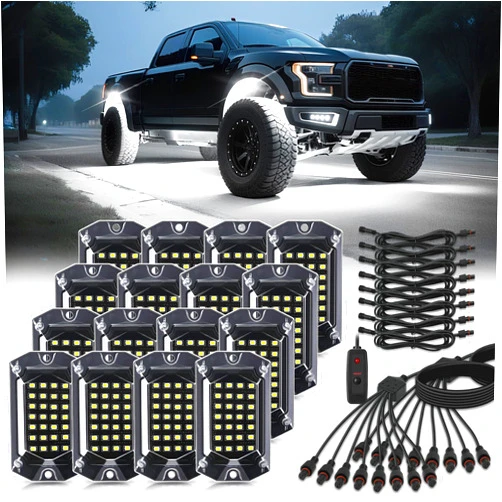 TDE Explorer.Lighting 16 Pods Full Angle Pure White LED Rock Lights with Extension Wires, IP68 Waterproof 6500K 28 LEDs Super Bright White Neon Underglow Kit for Trucks Trailer Offroad Pickup Boat RV SUV UTV ATV