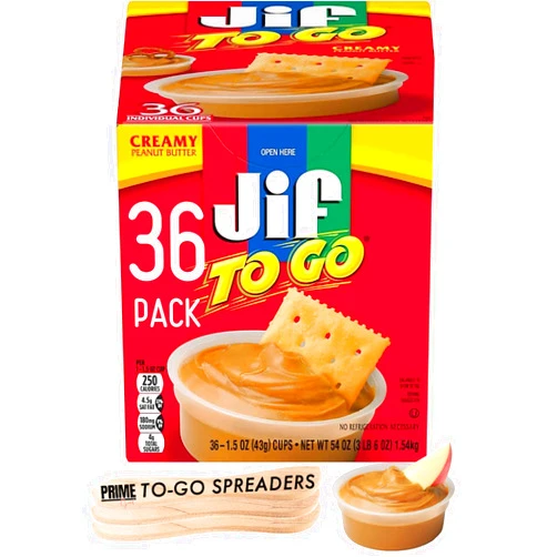PRIME GRADE Peanut Butter Cups to go, 36Ct Individual Packets With Prime Grade Spreader, Jiffy Peanut Butter Creamy, Peanut Butter Snacks