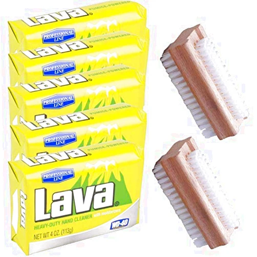 SPARKLEN. Lava Hand Cleaner Heavy-Duty Pumice (Professional Line) soap with Moisturizers, 5-bars [4 OZ each] and 2 Wooden Nail Brushes