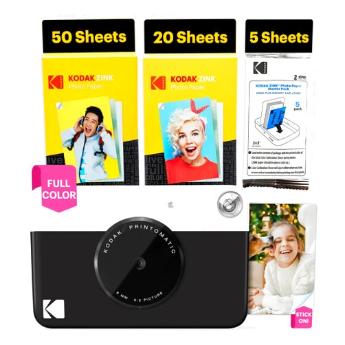 Kodak Printomatic Full-Color Instant Print Digital Camera - 75 Sheets Bundle - Prints On Zink 2x3 Sticky-Back Photo Paper - 5MP, Portable, Creative Fun Gift for Birthday, Christmas, Holiday - Black