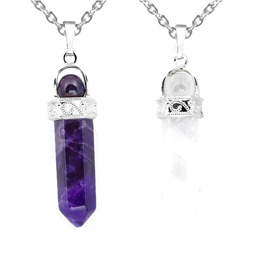 TUMBEELLUWA 2 PCS Healing Crystal Point Pendant Necklaces for Unisex Hexagonal Prism Stone Pendants with Chain