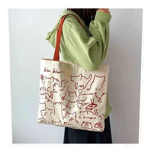 MASHUANG Soft Folding Canvas Bag for Women, Cute Abstract Cats Tote Shoulder Bags with Zipper, Large Capacity Laptop Handbag (Color : Beige, Size : 42x38cm)