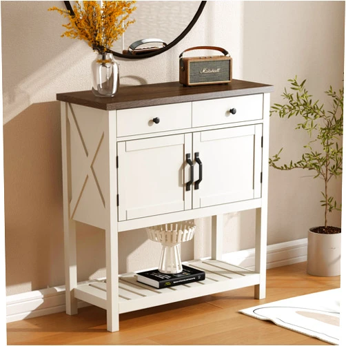 ChooChoo Farmhouse Console Table, Entryway Table with Storage Shelf, Coffee Bar Cabinet, Narrow Buffet Sideboard for Kitchen, Hallway, Living Room, White