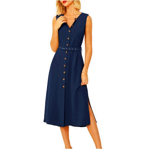 GRACE KARIN Women Casual Summer Dress 2025 Business Work Belted Sleeveless Button Down Shirt Midi Dresses with Pockets