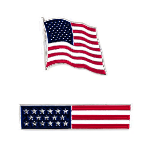 Great 1 American Flag USA Lapel Pin Set - Waving Flag + Rectangle Bar - Silver Colored Metal Plated - Luxury Clothing Accessories