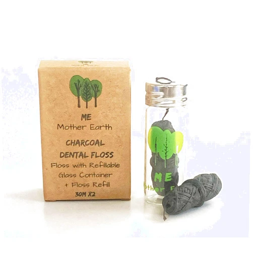 ME MOTHER EARTH Vegan Biodegradable Bamboo Charcoal Dental Floss with Refillable Glass Container | Free Refill | Natural Candelilla Wax | 30M x2 | Peppermint Essential Oil | Eco Friendly Zero Waste Oral Care