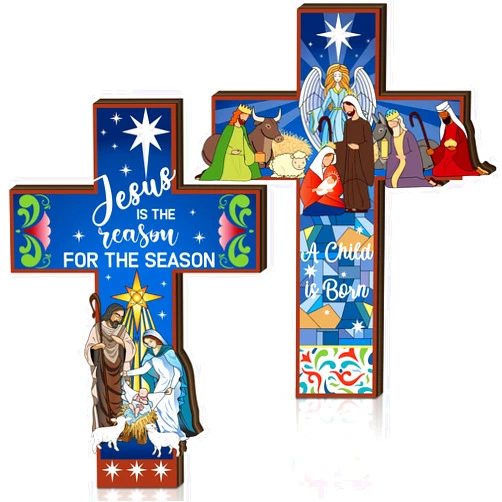 Gerrii 2 Pcs Nativity Crosses Wall Decor Religious Christmas Jesus Wooden Decor Jesus is The Reason for The Season Hanging Sign Rustic Christian Keepsake Religious Gift for Home Room Indoor Outdoor Holiday