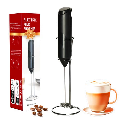 YSSOA Powerful Electric Milk Frother Handheld with Stainless Steel Stand Battery Operated Whisk Drink Mixer for Coffee, Frappe, Latte, Matcha, Black (Handheld, Black)
