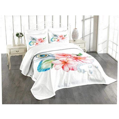 Ambesonne Shabby Flora Bedspread Set, Watercolor Style Peony Anemone Flowers Peacock Feather and Beads Image, 3 Piece Decorative Bedding Coverlet and 2 Pillow Shams, Queen Size, Multicolor