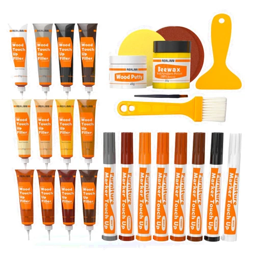 REALINN Wood Furniture Repair Kit- Set of 28 - Touch Up Markers, Fillers with Wood Putty - Repair Scratch, Cracks, Hole, Discoloration for Wooden Door, Floor, Table, Cabinet