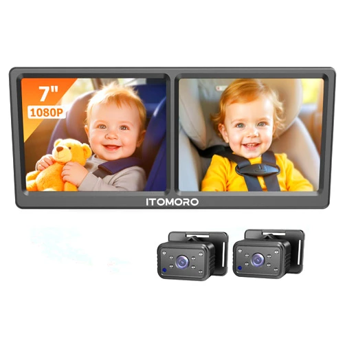 Itomoro Baby Car Camera for 2 Kids, 7 Inch HD 1080P Split Screen Dual Car Camera Baby Monitor, 150° Wide View with 2 IR Night Vision, Easily Install with Crystal Clear Wide View