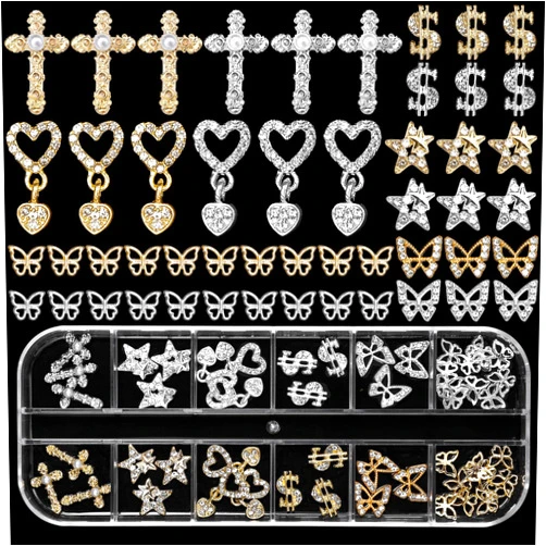 Anower 50 Pcs Heart Nail Charms, Gold+Silver Butterfly Dollars Star Heart Cross 3D Alloy Nail Art Charms, Alloy Nail Gems Charms Nail Jewels Nail Rhinestones for Nail Art DIY Nail Supplies Decor