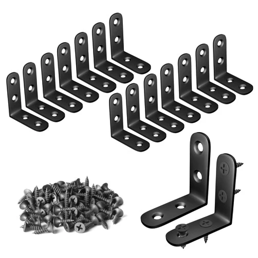 Blingstar L Bracket Stainless Steel Corner Brace 16 Pcs 1.57x1.57 Inch Joint Right Angle Bracket 90 Degree Corner Fastener for Wood Furniture Bedframe Cabinet Drawer Chair, with 64 Pcs Screws, Black