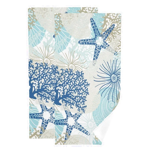 KENADVI Aqua Blue Nautical Hand Towels for Bathroom Set of 2 Coastal Beach Theme Coral Starfish Dish Towels for Kitchen 14