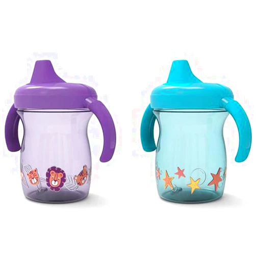 NUK First Essentials Fun Grips Soft Spout Trainer Cup, 7 oz. (2 Count (Pack of 1), Purple&Green) 2 Count (Pack of 1) Purple&Green