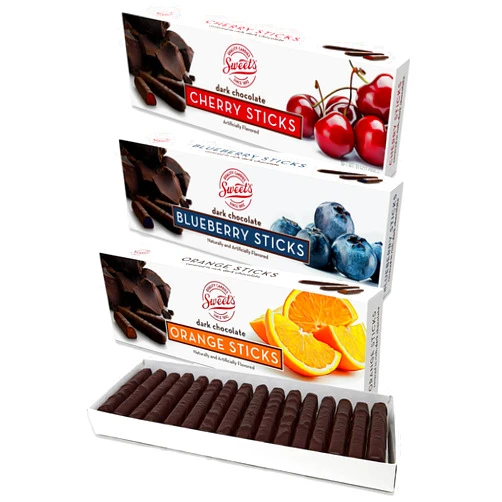 Snackivore Sweet Candy Dark Chocolate Candy Sticks Variety 3 Pack- Dark Chocolate Orange Sticks, Dark Chocolate Cherry Sticks, and Dark Chocolate Blueberry Sticks
