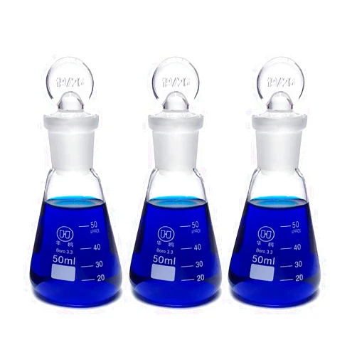 HUAOU 50ml Narrow Mouth Glass Erlenmeyer Flask with Ground Glass Stopper, 3.3 Borosilicate Glass Graduated Flask with Printed Graduation, HUAOU, Pack of 3