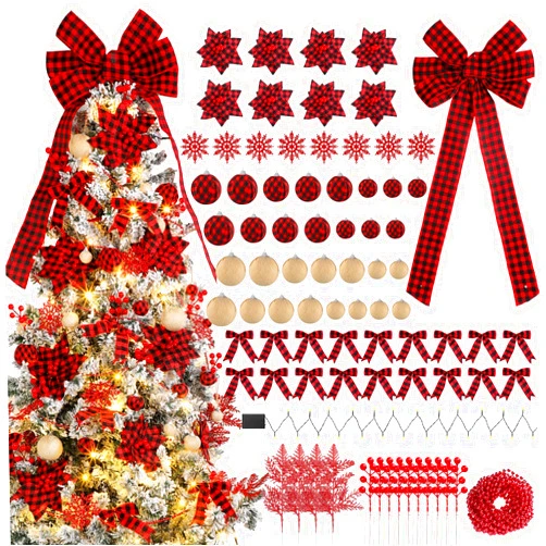 Lyrow 94 Pieces Buffalo Plaid Christmas Tree Decorations Set Buffalo Plaid Christmas Ball Ornaments Christmas Poinsettia Flowers Decorations Berries Stems for Xmas Holiday Wedding Decor (Black, Red)