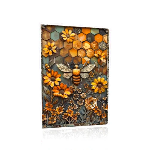 Decopix Vintage Bee Honeycomb and Flowers – 8×12 inch Floral Rustic Home Decor Sign – Indoor Outdoor Metal Wall Art for Nature Lovers