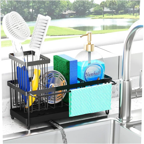 Godboat Sponge Holder for Kitchen Sink - Kitchen Sink Organizer with Brush Holder, 201 Stainless Steel, Sink Caddy with Auto-Drain, 360° Swivel Spout, Cool Gadgets for Apartment, Farmhouse and RV