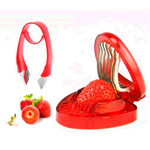TIYOORTA Strawberry Huller and Strawberry Slicer Set, Strawberry Tomato Potato Pineapple Carrot Stem Remover, Wild Strawberry Corer Cutter Red