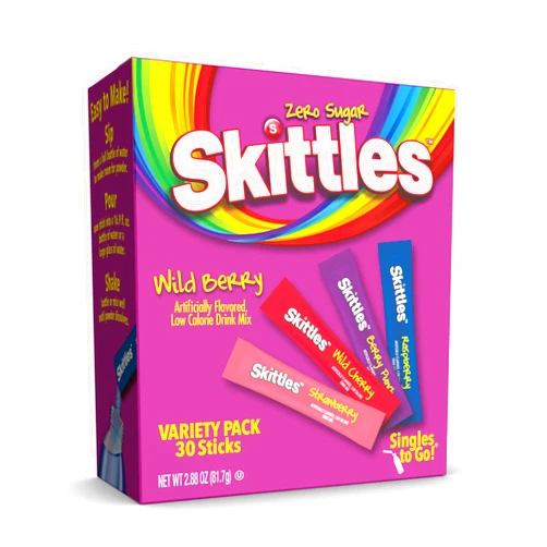 SINGLES TO GO! Skittles Singles To Go Wild Berry Variety Pack, Watertok Powdered Drink Mix, Zero Sugar, Low Calorie, Includes 4 Wild Berry Flavors, 1 Box (30 Single Servings)