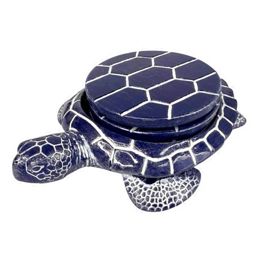 Top Brass Sea Turtle Coaster Set - Coastal Ocean Beach Decor - Rustic Nautical Navy Blue and White Finish
