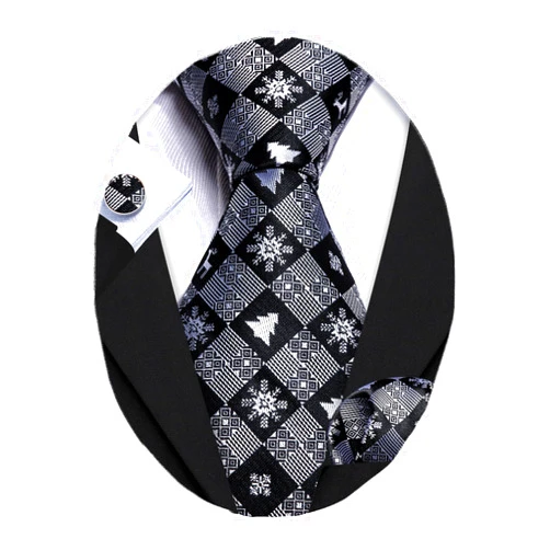 Barry.Wang Christmas Ties for Men Necktie Festival Tie Sets Xmas Tree Snowflakes Handkerchief Cufflinks Party Holiday