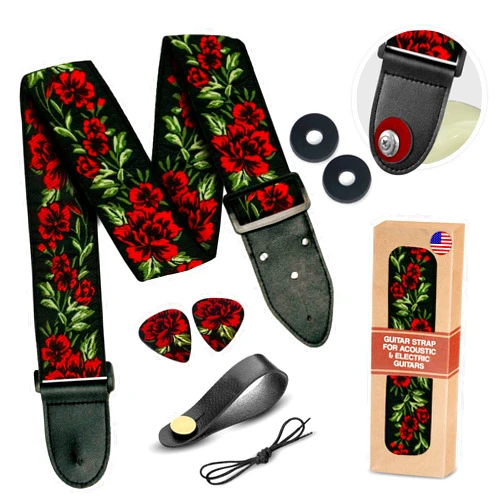 Art Tribute Guitar Strap Woven Adjustable W/FREE BONUS 2 Picks + Strap Locks + Strap Button. Rose Flowers Guitar Strap for Bass, Electric & Acoustic Guitar. Best Gift for Men & Women Guitar Players