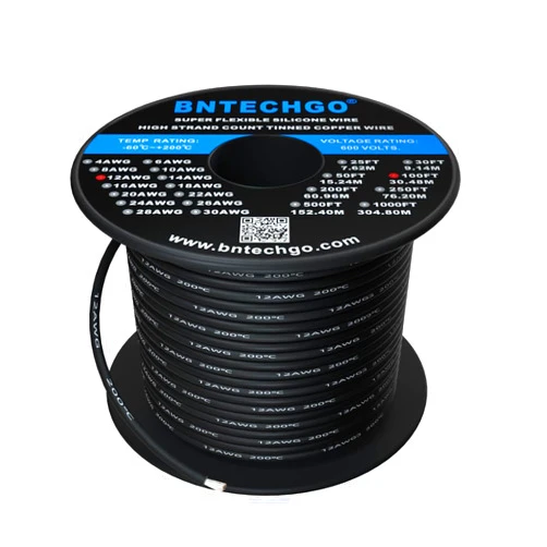 BNTECHGO 12 Gauge Silicone wire spool 100 ft Black Flexible 12 AWG Stranded Tinned Copper Wire