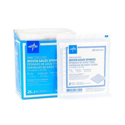 Medline Woven Gauze Sponges, Sterile, 12-Ply, 4 x 4 Inches, Box of 50