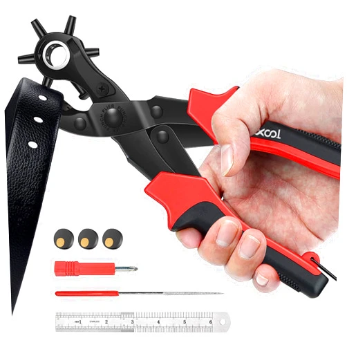XOOL Revolving Punch Plier Kit, XOOL Leather Hole Punch Set for Belts, Watch Bands, Straps, Dog Collars, Saddles, Shoes, Fabric, DIY Home or Craft Projects, Heavy Duty Rotary Puncher, Multi Hole Sizes Make