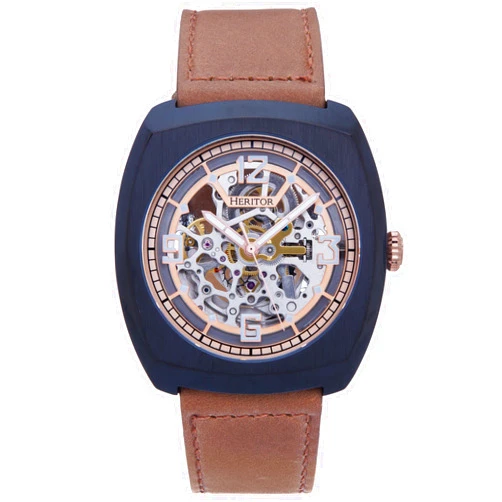 HERITOR Automatic Gatling Skeletonized Leather-Band Watch - Black/Light Brown