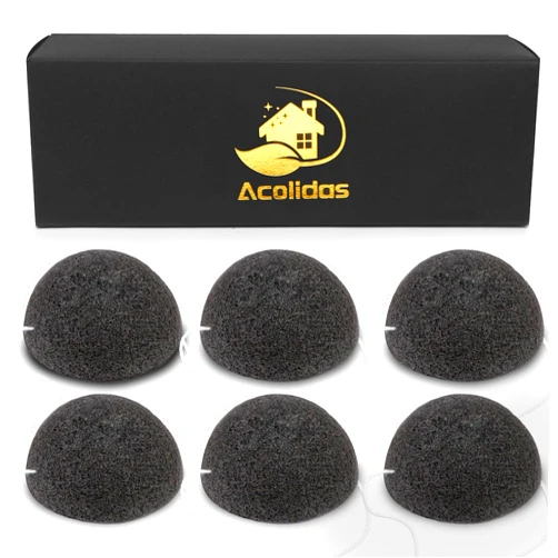 Acolidas Konjac Organic Cleansing Exfoliating Facial Sponges Set - Natural Activated Charcoal Konjac Face Sponge for Exfoliator Skincare Makeup Remover Body Washing Safe for Oily Dry Combination Sensitive Skin