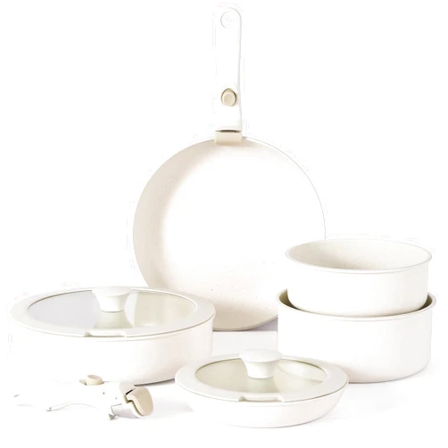 Vkoocy Non Stick Pot and Pan Set with Removable Handle, Ceramic Cookware Set Detachable Handle, Induction Kitchen Camping Stackable Pots Pans, Dishwasher/Oven Safe, Cream