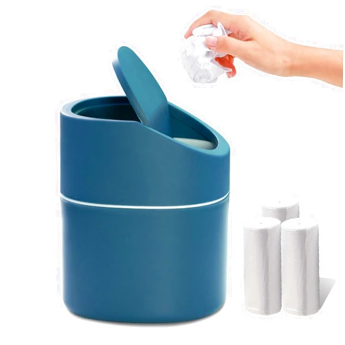 AWOLIC Mini Desktop Trash Can with Swing Lid,Small Garbage Can for Countertop,Dressing Table,Bedside Etc,Free 90 Bags(Blue)