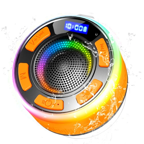 PRSCFUM Bluetooth Shower Speaker, Portable Shower Speakers IP7 Waterproof with Suction Cup and Time Display, Dynamic LED Lights and Dual Stereo Pairing, Handsfree Wireless Speaker with Mic for Bathroom,Orange