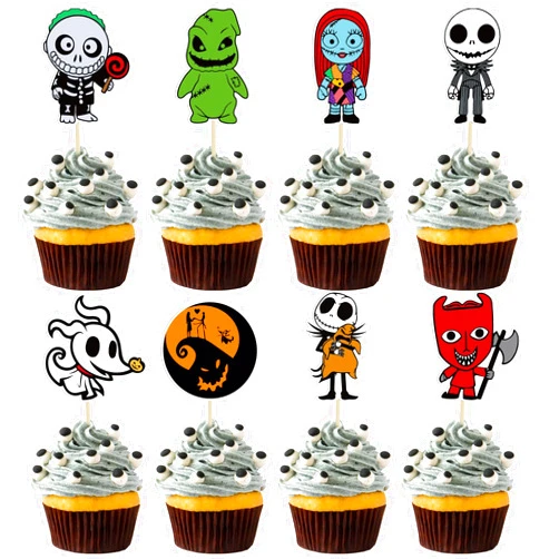 Gyufise 40Pcs Skellington Halloween Cupcake Toppers Glitter Skull Ghost Cupcake Picks for Nightmare Theme Wedding Anniversary Birthday Party Cake Decorations Supplies