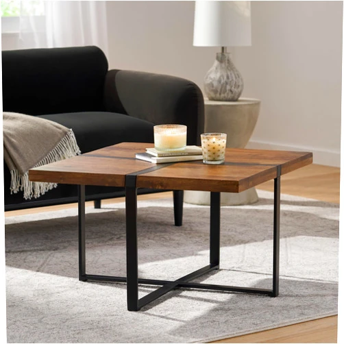 HESIEU Modern Square Coffee Table Wood Top and Iron Cross Base Center Table Cocktail Table Small Dining Table Decor Display Table for Bedroom Living Room Dining Room, Walnut Brown